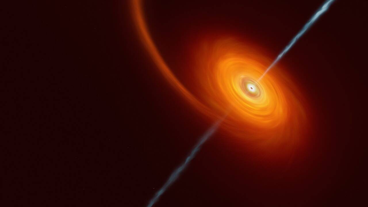 This artist’s impression illustrates how it might look when a star approaches too close to a black hole, where the star is squeezed by the intense gravitational pull of the black hole. Some of the star’s material gets pulled in and swirls around the black hole forming the disc that can be seen in this image. In rare cases, such as this one, jets of matter and radiation are shot out from the poles of the black hole. In the case of the AT2022cmc event, evidence of the jets was detected by various telescopes including the VLT, which determined this was the most distant example of such an event.