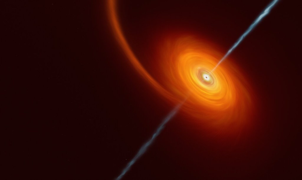 This artist’s impression illustrates how it might look when a star approaches too close to a black hole, where the star is squeezed by the intense gravitational pull of the black hole. Some of the star’s material gets pulled in and swirls around the black hole forming the disc that can be seen in this image. In rare cases, such as this one, jets of matter and radiation are shot out from the poles of the black hole. In the case of the AT2022cmc event, evidence of the jets was detected by various telescopes including the VLT, which determined this was the most distant example of such an event.