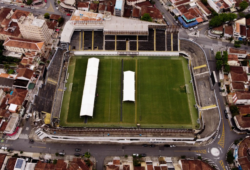Aerial view of the Vila Belmiro stadium, the home of Santos football team, in Santos, Brazil, on December 27, 2022. - Family members spent Christmas on Sunday with Pele at the Sao Paulo hospital where the legendary footballer is battling worsening cancer as well as kidney and heart problems, according to social media posts by his children. Fans of the player, considered by many the greatest of all time, have been expressing hope for his recovery since he was hospitalized in late November. (Photo by CARLOS FABAL / AFP)