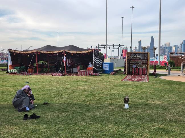 Em parque de Doha, homem descansa com seu falcão Em parque de Doha, homem descansa com seu falcão
