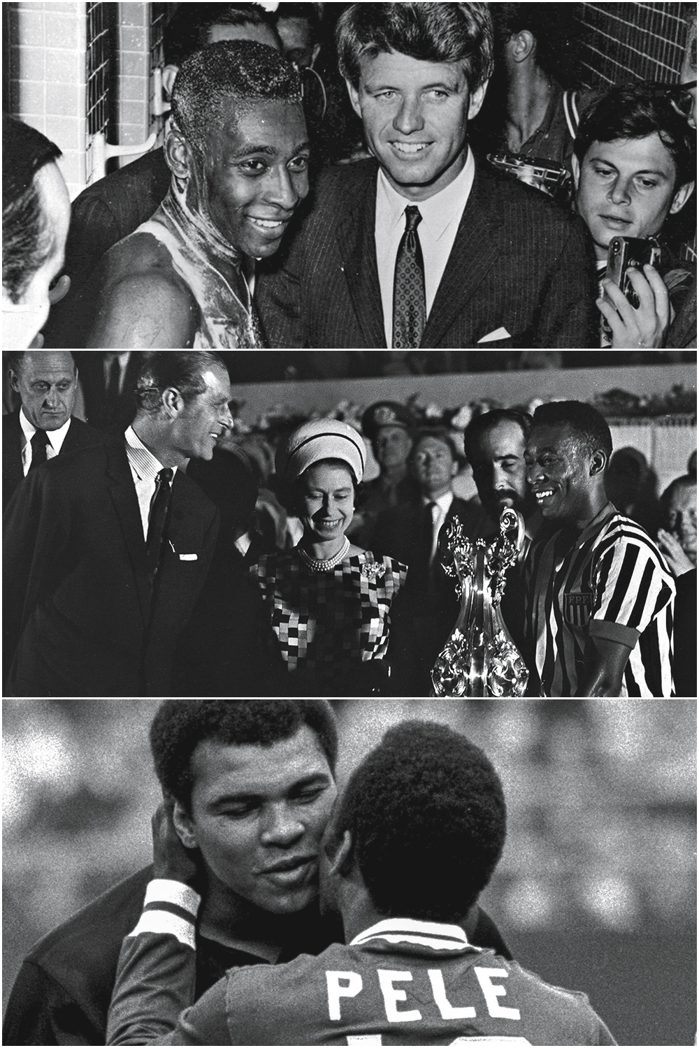 CIDADÃO DO MUNDO - Encontros: com Bob Kennedy em 1965, mal saído do banho nos vestiários do Maracanã; com a rainha Elizabeth; e, no jogo de despedida, em 1977, pelo Cosmos, o beijo em Muhammad Ali, o único atleta cuja fama poderia ser comparada -