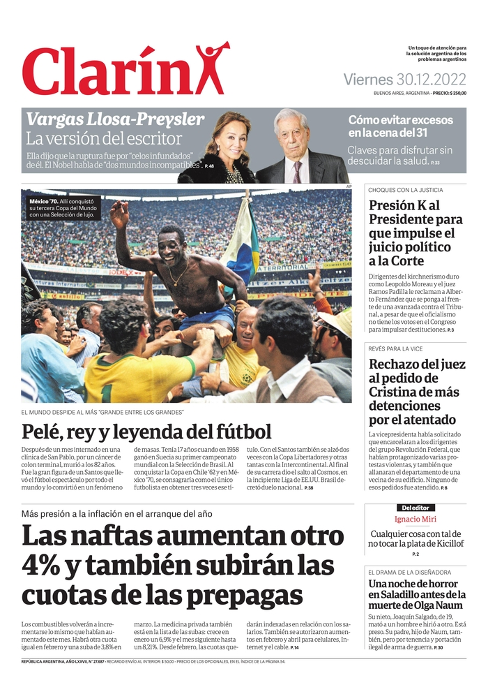 Jornal argentino se refere a Pelé como Rei do futebol. 30/12/2022