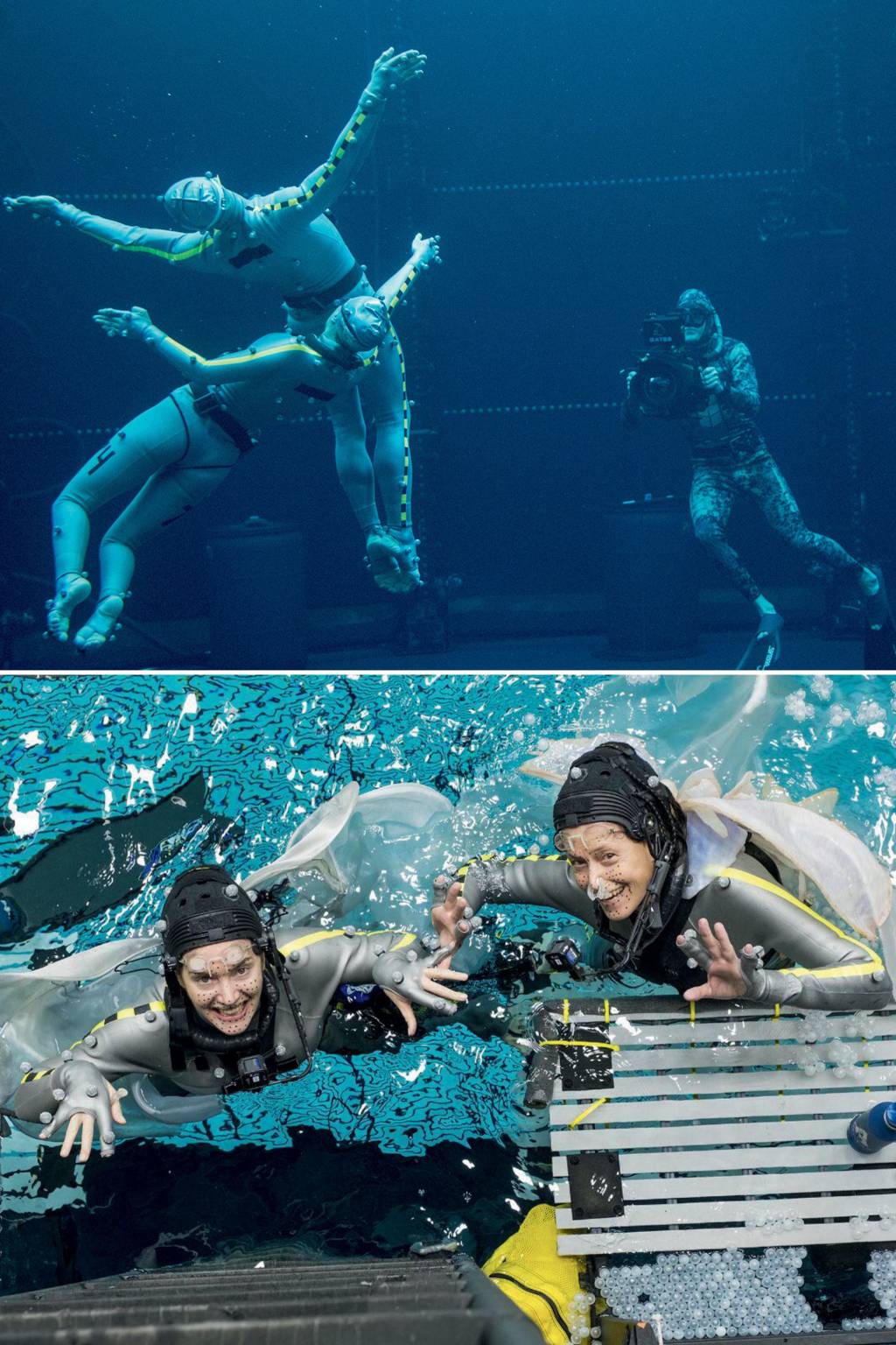 FÔLEGO - Filmagem submersa (acima), e Kate e Sigourney (abaixo): as atrizes bateram recorde segurando a respiração por sete e seis minutos, respectivamente -