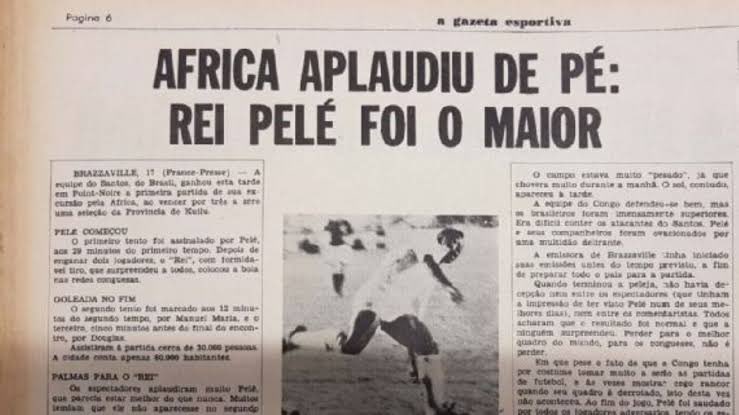 Matéria do jornal sobre o amistoso do Santos realizado em Benin City, na Nigéria, em meio a Guerra Civil