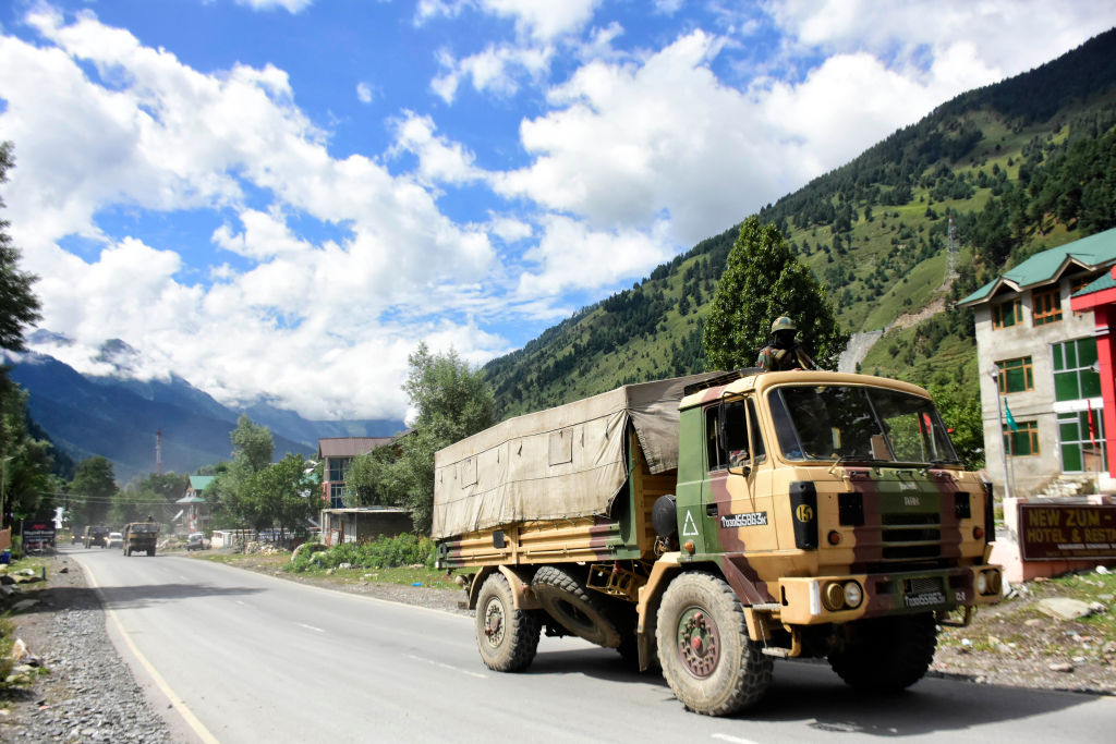 Indian Army move towards Ladakh at Gagangeer area of Ganderbal district as the standoff escilates on 07 September 2020. After the recent face off between India and China at Line of Control India barred civilian traffic giving way for Millitary vehicles to and fro Ladakh. (Photo by Muzamil Mattoo/NurPhoto via Getty Images)