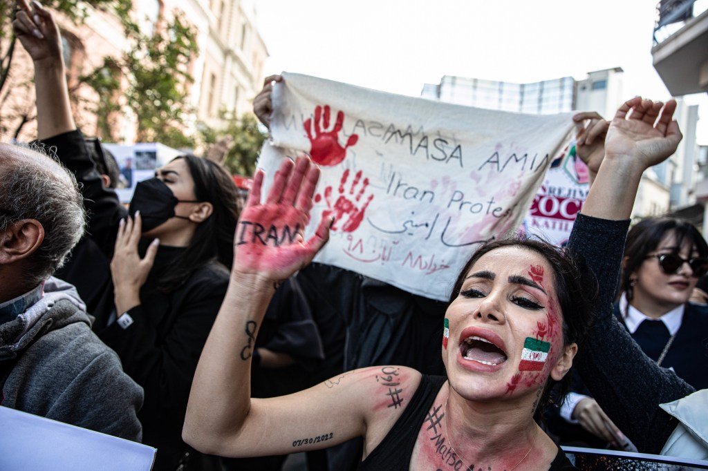 A protester with the Iranian flag painted on her face raises