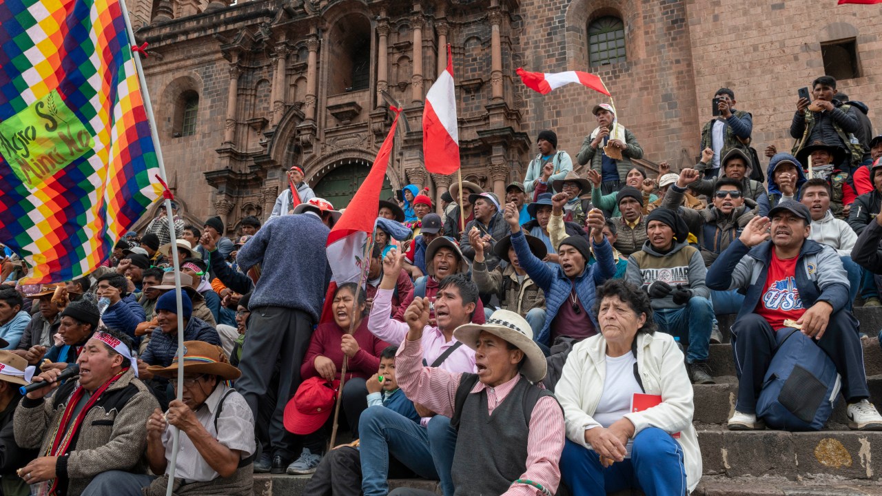 CUSCO, PERU - DEC 16: Community members from around Ciusco province descend on Plaza de Armas of Cusco to protest the legitimacy of Dina Boularte's presidency on December 16, 2022 in Cusco, Peru. (Photo by Michael Bednar/Getty Im