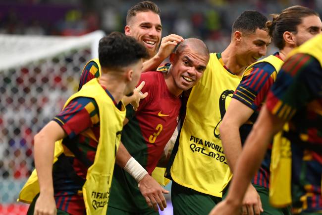 Ronaldo celebrates Pepe's second Portuguese goal -