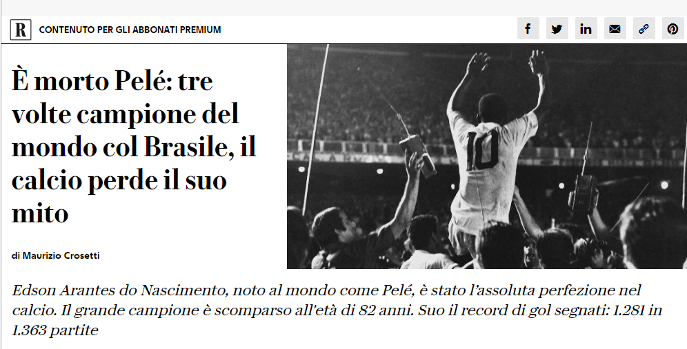 Jornal italiano La Repubblica destaca a morte de Pelé em sua página principal