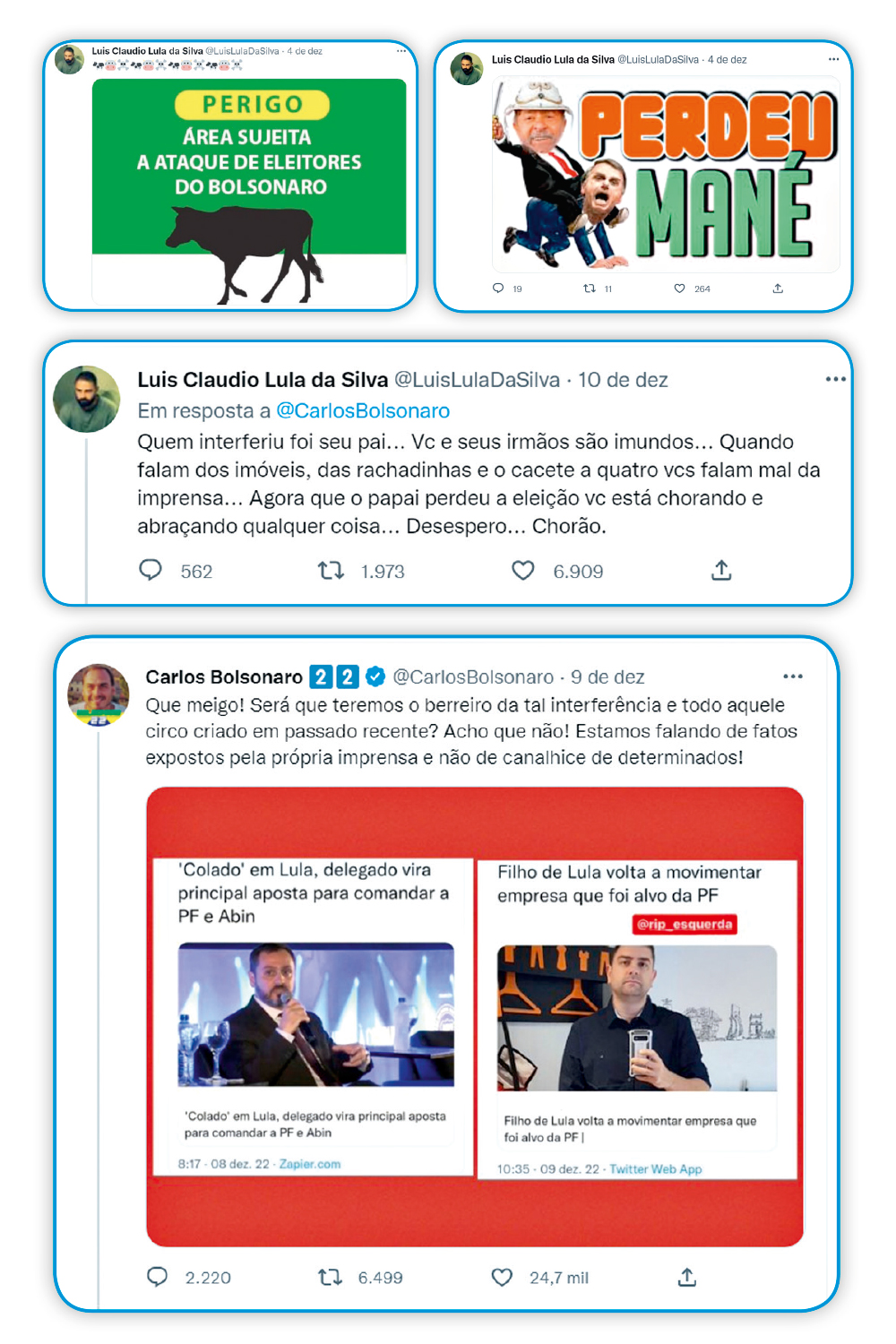 TIROTEIO JUVENIL - As postagens de Luis Cláudio e Carlos Bolsonaro: montagens grosseiras, ataques e expressões impublicáveis. A diferença mais notória entre os dois herdeiros é o número de seguidores -