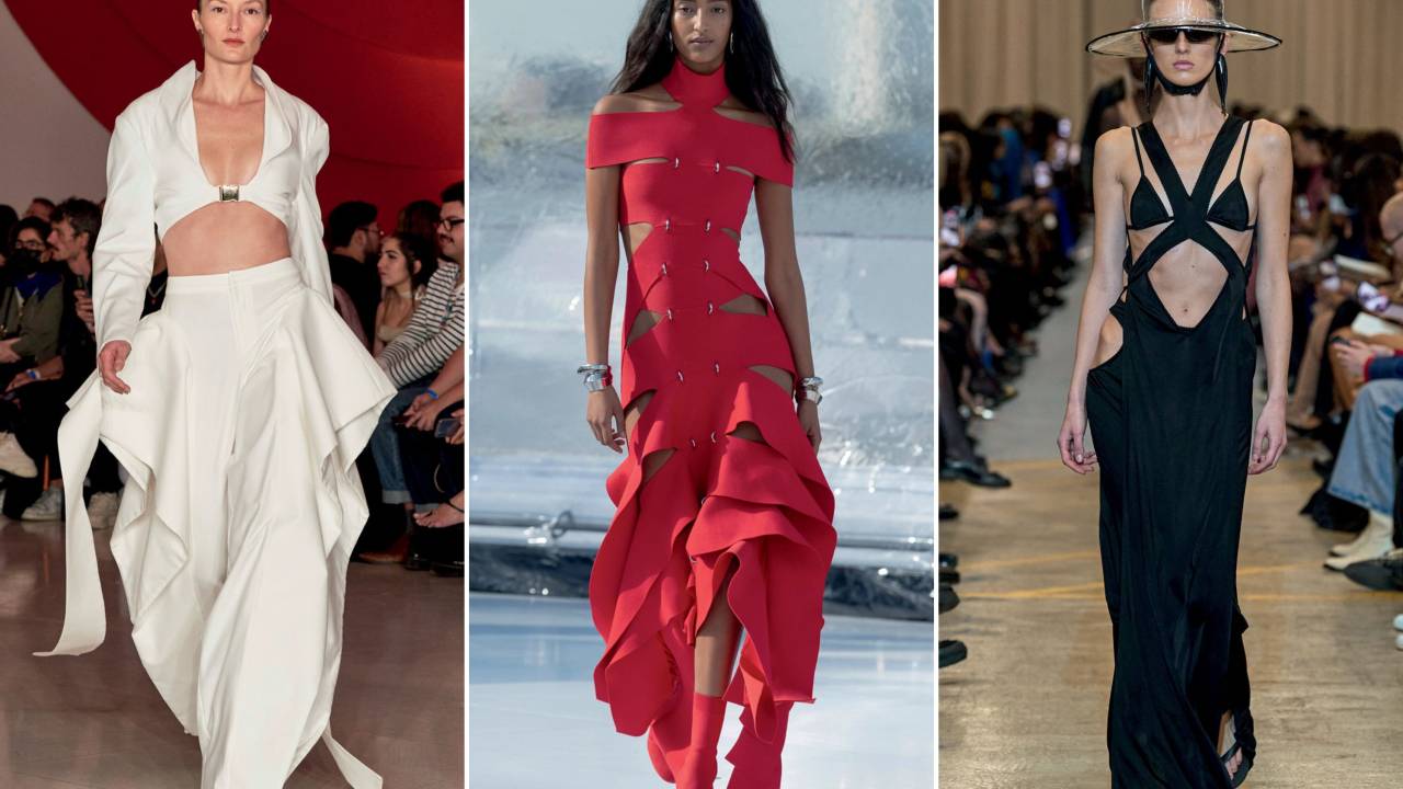 ESCONDE E MOSTRA - Vestidos de Lenny Niemeyer (branco), Alexander McQueen (vermelho) e Burberry, com quadril à mostra: o jogo de cortes assimétricos é utilizado como estratégia para acentuar a sensualidade -