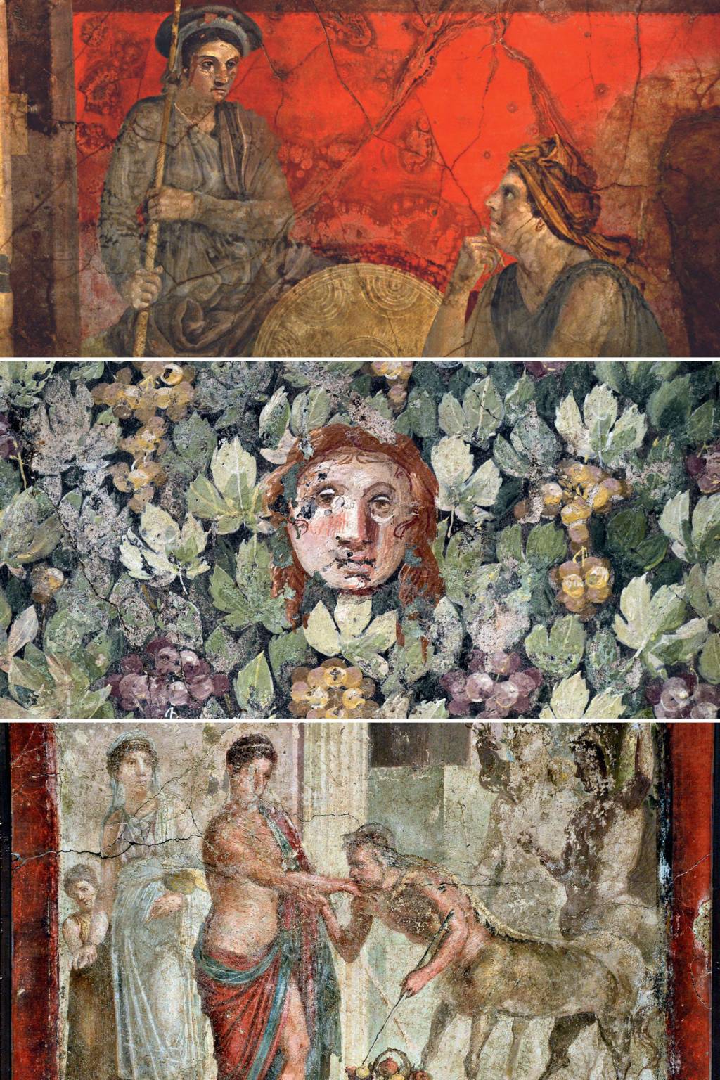 PASSADO EM CORES - O filósofo em atividade (acima), rosto de máscara tradicional em meio a videiras (meio) e figuras da mitologia: o milagre da conservação (abaixo) -