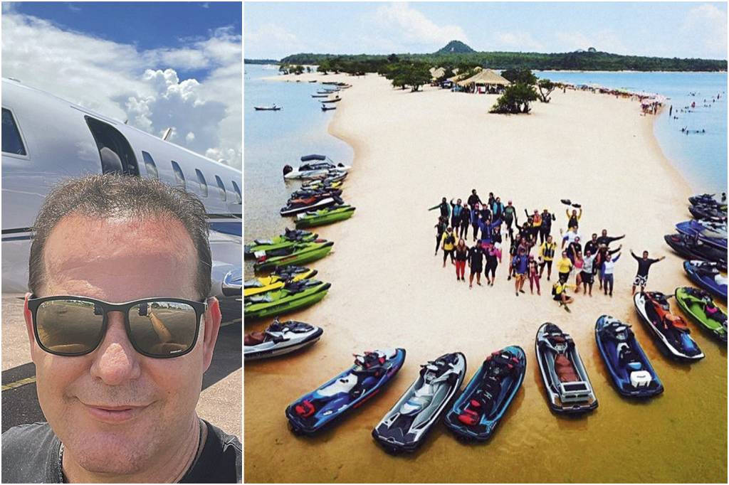OSTENTAÇÃO - O empresário nas redes sociais: ao lado de jato particular e durante encontro com amigos em jet skis em uma praia de rio no Pará -