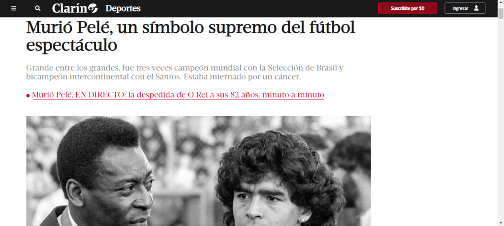 Jornal argentino Clarín homenageou Pelé