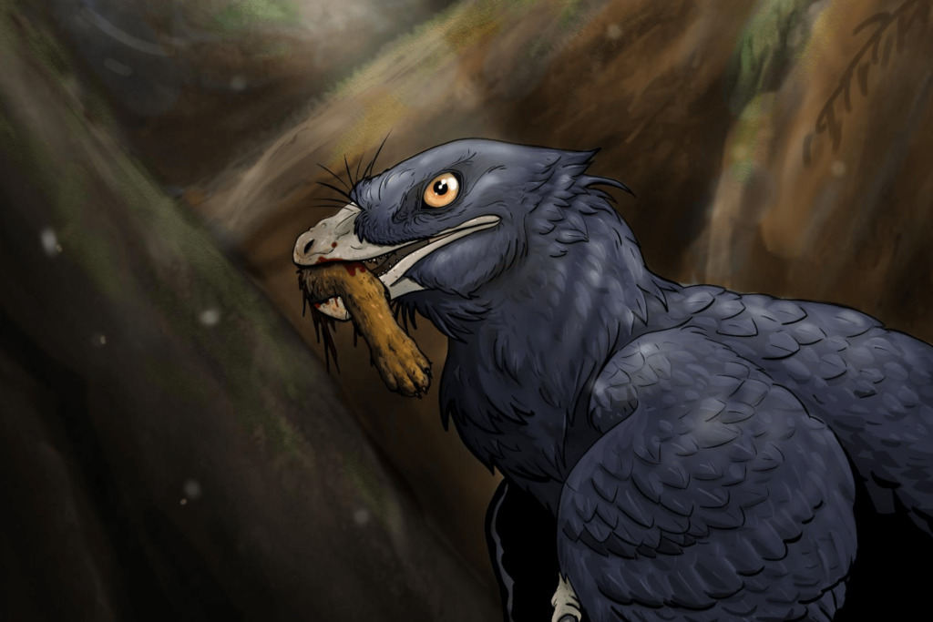 Representação artística de um Microraptor com a pata de um mamífero na boca