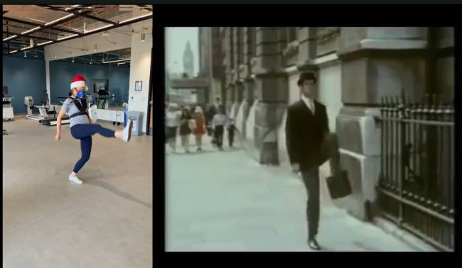 Voluntária reproduz passos do Sr. Teabag (John Cleese, à direita) no quadro 'Ministério dos Passos Bobos' do programa 'Monty Python Flying Circus' -