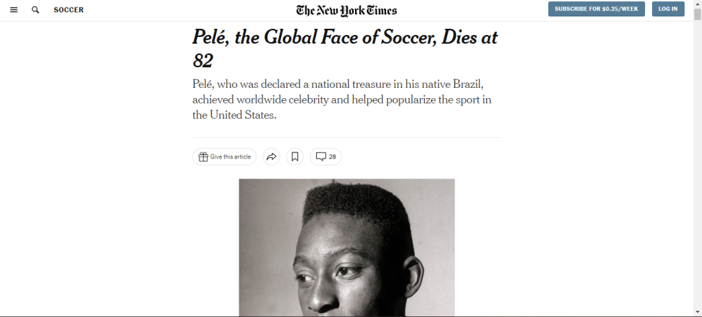 Matéria do jornal americano The New York Times sobre a morte de Pelé