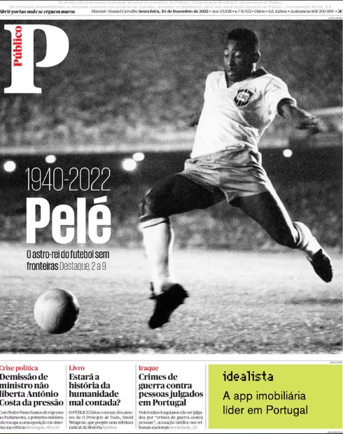 Pelé na capa do Público, de Portugal. 30/12/2022