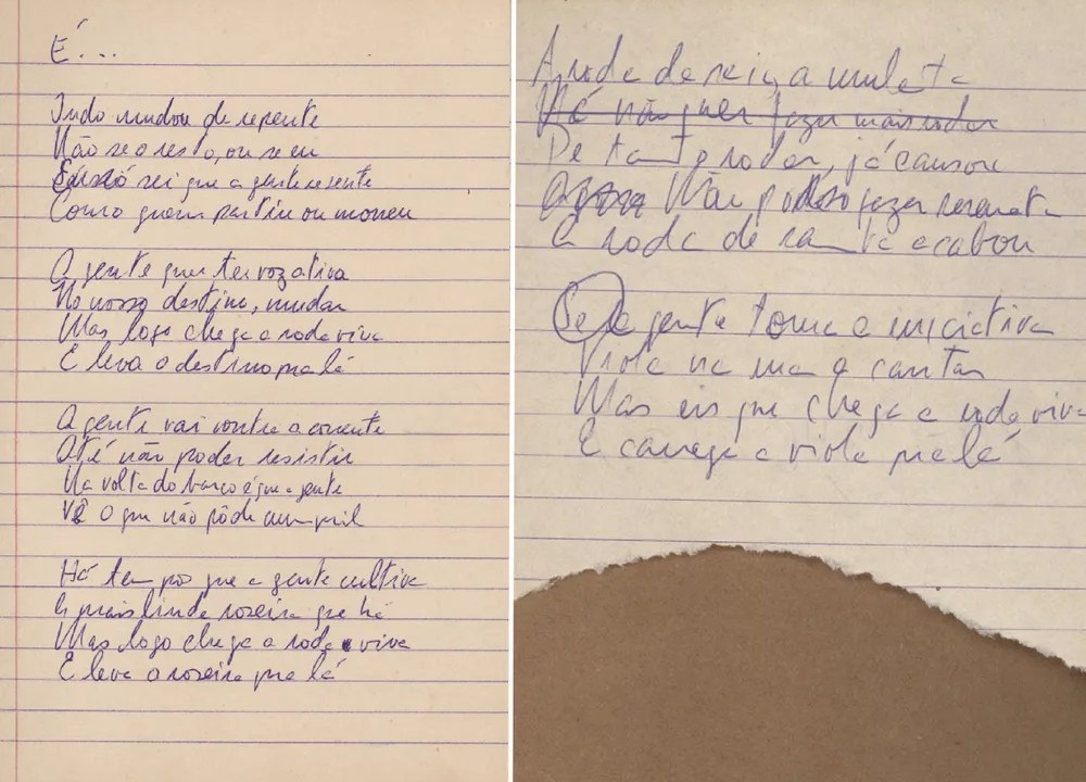Manuscrito da música 'Roda Viva', composta por Chico Buarque