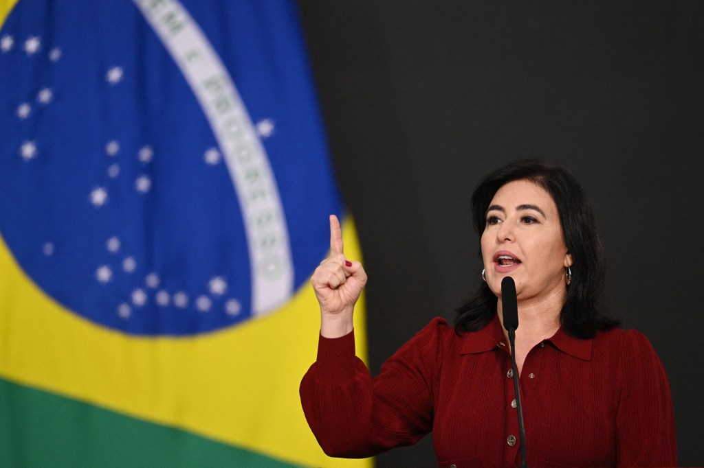 Brazilian new Planning Minister Simone Tebet delivers a speech during her swearing-in ceremony at the Planalto Palace in Brasilia on January 5, 2023. (Photo by EVARISTO SA / AFP)
