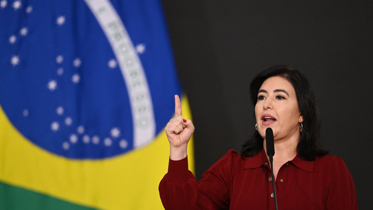 Brazilian new Planning Minister Simone Tebet delivers a speech during her swearing-in ceremony at the Planalto Palace in Brasilia on January 5, 2023. (Photo by EVARISTO SA / AFP)