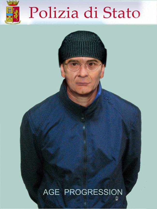 A handout picture from Italian Carabinieri Press Office, released by ANSA on January 16, 2023 shows an Italian police reconstruction of the face of fugitive Sicilian godfather Matteo Messina Denaro, caught by Italian anti-mafia police on January 16, 2023, ending a 30-year manhunt for Italy's most wanted mobster. - 