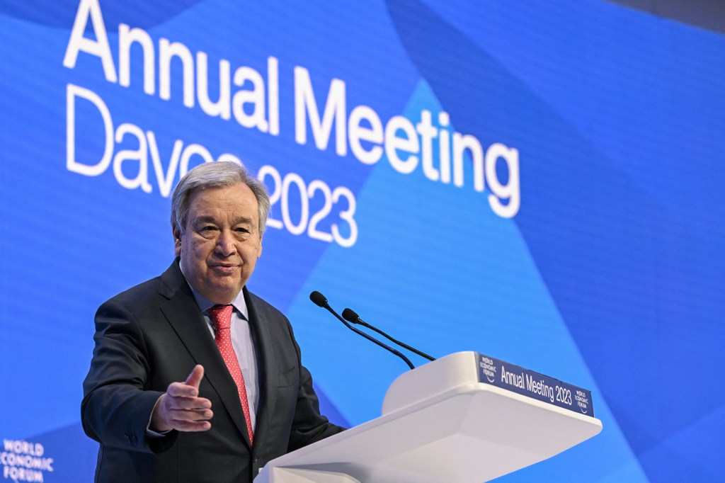 UN Secretary-General Antonio Guterres addresses a session of the World Economic Forum (WEF) annual meeting in Davos on January 18, 2023. (Photo by Fabrice COFFRINI / AFP)