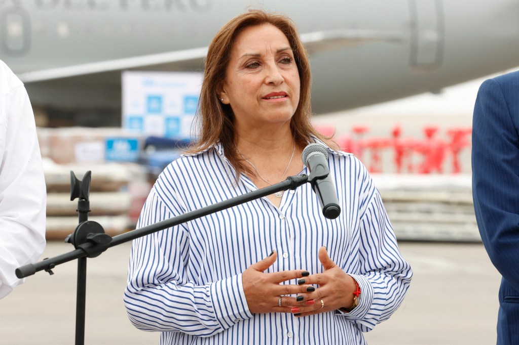 This handout picture distributed by the Peruvian Presidency press service shows Peru´s President Dina Boluarte speaking during an event to send medicine and medical equipment to the Apurimac region, in southern Peru, in Lima on January 27, 2023. (Photo by Melina Mejia / Peruvian Presidency / AFP) / RESTRICTED TO EDITORIAL USE - MANDATORY CREDIT "AFP PHOTO / PERUVIAN PRESIDENCY / MELINA MEJIA" - NO MARKETING NO ADVERTISING CAMPAIGNS - DISTRIBUTED AS A SERVICE TO CLIENTS