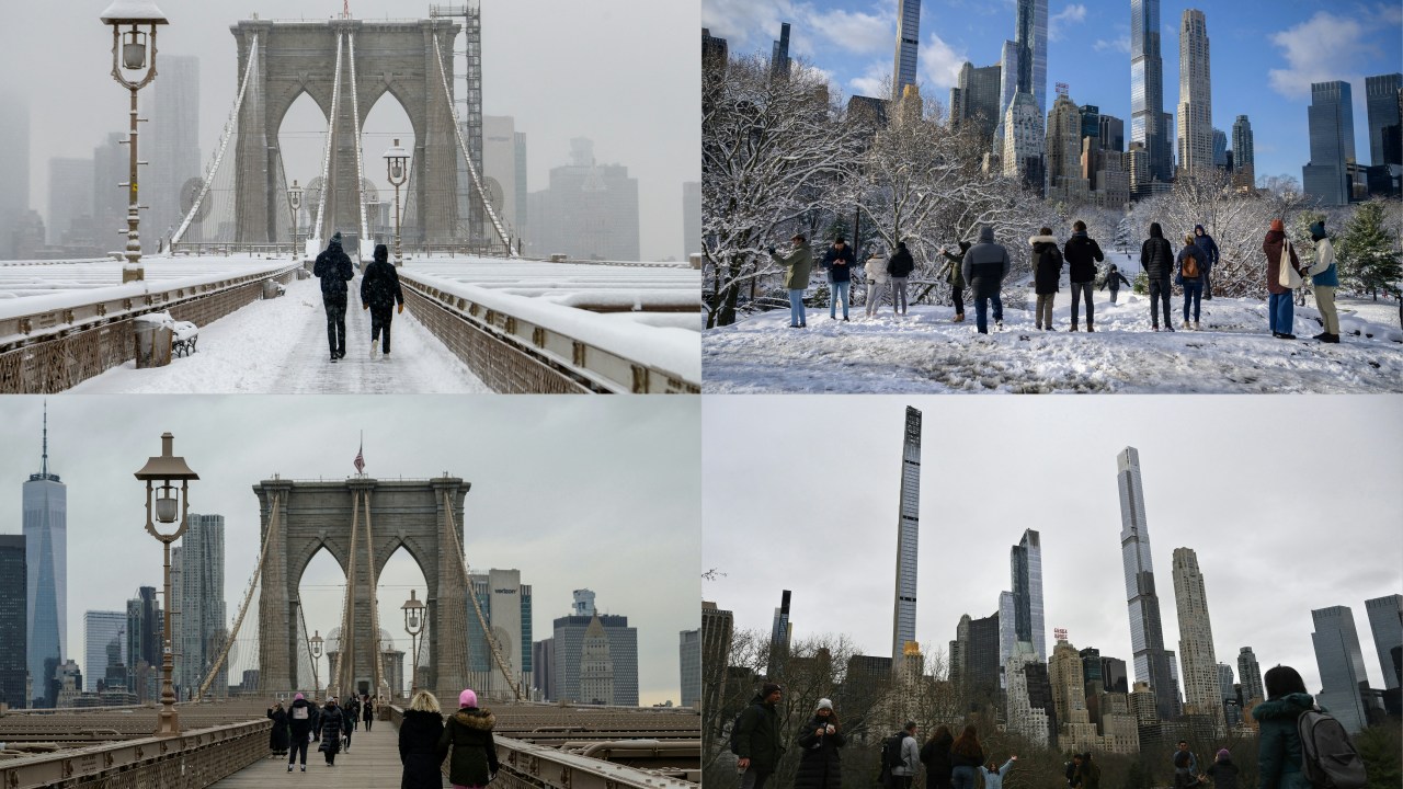 (COMBO/FILES) This combination of file photographs created on January 30, 2023, shows (TOP/L to BOTTOM/R); pedestrians crossing Brooklyn Bridge in New York City on January 7, 2022, during the first snowstorm of the season, pedestrians crossing Brooklyn Bridge in New York City on January 25, 2023, bystanders gathering at a viewpoint in Central Park in New York City on January 7, 2022, after the first snowstorm of the season and bystanders gathering in Central Park in New York City on January 13, 2023. - New York in wintertime tends to conjure up images of Times Square and Central Park shrouded in snow. Not this year. The city is forecast on January 29, 2023, to surpass a 50-year record for the latest first snowfall of the season. (Photo by ANGELA WEISS and Ed JONES / AFP)