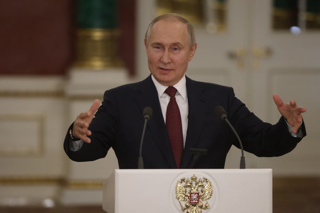 MOSCOW, RUSSIA - DECEMBER 22 (RUSSIA OUT) Russian President Vladimir Putin gestures during his briefing after the State Council meeting at the Grand Kremlin Palace, on December 22, 2022 in Moscow, Russia. Putin called ministers and governors for the annual meeting of the State Council on Youth Policy. (Photo by Contributor/Getty Images)