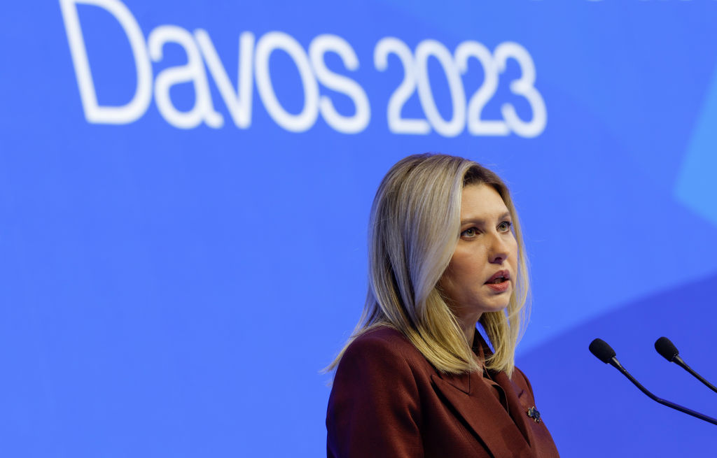 Olena Zelenska, Ukraine's first lady, delivers a special address on the opening day of the World Economic Forum (WEF) in Davos, Switzerland, on Tuesday, Jan. 17, 2023. The annual Davos gathering of political leaders, top executives and celebrities runs from January 16 to 20. Photographer: Stefan Wermuth/Bloomberg via Getty Images