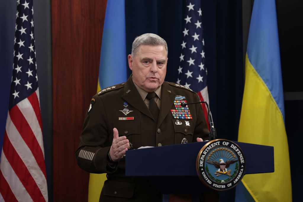 ARLINGTON, VIRGINIA - NOVEMBER 16: Chairman of the Joint Chiefs of Staff Gen. Mark Milley speaks during a press briefing after a virtual Ukraine Defense Contact Group meeting at the Pentagon on November 16, 2022 in Arlington, Virginia. The Ukraine Defense Contact Group met again to discuss aiding for Ukraine amid Russia’s invasion. (Photo by Alex Wong/Getty Images)