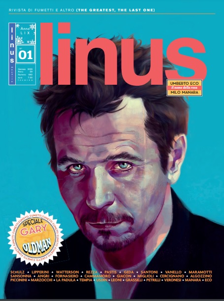 Capa do número de janeiro da revista Linus: primeira parte da adaptação de 'O Nome da Rosa' para os quadrinhos e Gary Oldman na capa -