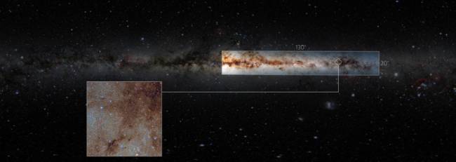 Astronomers have released a gargantuan survey of the galactic plane of the Milky Way. The new dataset contains a staggering 3.32 billion celestial objects — arguably the largest such catalog so far. The data for this unprecedented survey were taken with the US Department of Energy-fabricated Dark Energy Camera at the NSF’s Cerro Tololo Inter-American Observatory in Chile, a Program of NOIRLab.  For reference, a low-resolution image of the DECaPS2 data is overlaid on an image showing the full sky. The callout box is a full-resolution view of a small portion of the DECaPS2 data. 