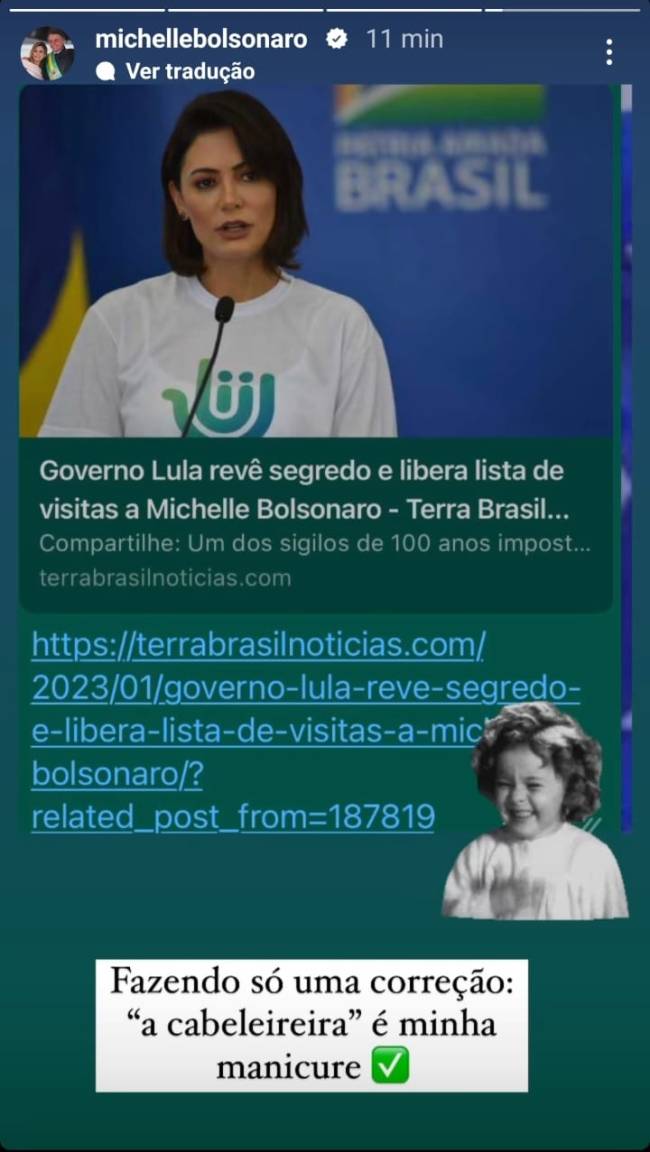 Publicação no instagram de Michelle Bolsonaro Publicação no instagram de Michelle Bolsonaro