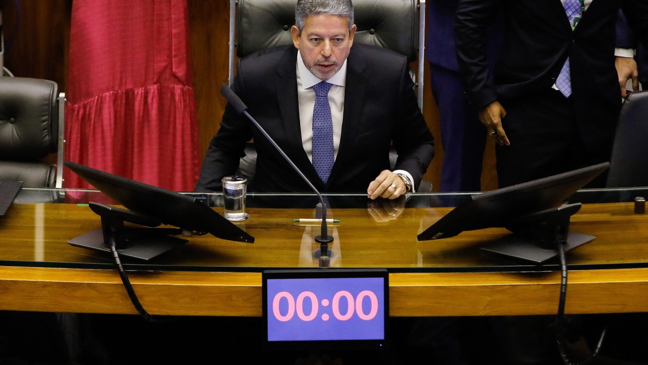 The president of Brazil's Chamber of Deputies Arthur Lira speaks during the inauguration ceremony of the new Brazilian deputies at the plenary of the Chamber of Deputies in the National Congress, in Brasilia, on February 1, 2023. (Photo by Sergio Lima / AFP)