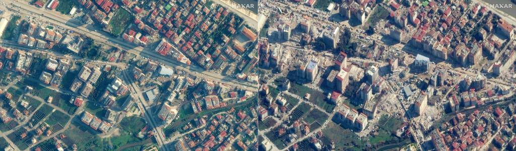 COMBO-TURKEY-SYRIA-QUAKE (COMBO) This combination of pictures created on February 08, 2023 shows (L) a handout satellite image courtesy of Maxar Technologies showing an overview of Antakya, Turkey on December 22, 2022, before an 7.8 magnitude earthquake which struck the region on February 6, 2023, and (R) a handout satellite image courtesy of Maxar Technologies shows collapsed builidings in Antakya, Turkey on February 8, 2023, after an 7.8 magnitude earthquake which struck the region on February 6, 2023. - The death toll from a massive earthquake that struck Turkey and Syria climbed above 12,000 on February 8, 2023, as rescuers raced to save survivors trapped under debris in freezing weather. Officials and medics said 9,057 people had died in Turkey and 2,992 in Syria from Monday's 7.8-magnitude tremor, bringing the total to 12,049. (Photo by Satellite image ©2023 Maxar Technologies / AFP) / RESTRICTED TO EDITORIAL USE - MANDATORY CREDIT
