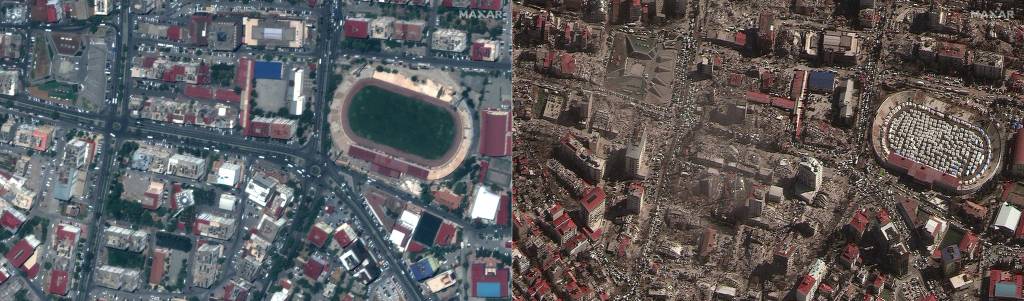 (COMBO) This combination of pictures created on February 08, 2023 shows (L) a handout satellite image courtesy of Maxar Technologies showing buildings and a stadium in Kahramanmaras, Turkey on July 26, 2022, before an 7.8 magnitude earthquake which struck the region on February 6, 2023, and (R) a handout satellite image courtesy of Maxar Technologies shows destroyed buildings and emergency shelters in a stadium in Kahramanmaras, Turkey on February 8, 2023, after an 7.8 magnitude earthquake which struck the region on February 6, 2023. - The death toll from a massive earthquake that struck Turkey and Syria climbed above 12,000 on February 8, 2023, as rescuers raced to save survivors trapped under debris in freezing weather. Officials and medics said 9,057 people had died in Turkey and 2,992 in Syria from Monday's 7.8-magnitude tremor, bringing the total to 12,049. (Photo by Satellite image ©2023 Maxar Technologies / AFP) / RESTRICTED TO EDITORIAL USE - MANDATORY CREDIT 