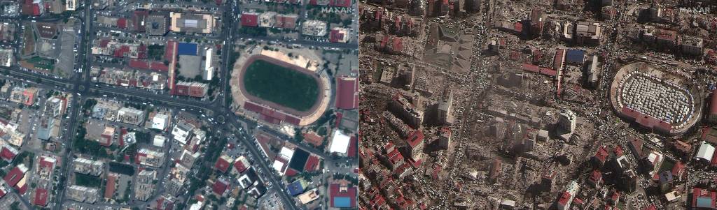 COMBO-TURKEY-SYRIA-QUAKE (COMBO) This combination of pictures created on February 08, 2023 shows (L) a handout satellite image courtesy of Maxar Technologies showing buildings and a stadium in Kahramanmaras, Turkey on July 26, 2022, before an 7.8 magnitude earthquake which struck the region on February 6, 2023, and (R) a handout satellite image courtesy of Maxar Technologies shows destroyed buildings and emergency shelters in a stadium in Kahramanmaras, Turkey on February 8, 2023, after an 7.8 magnitude earthquake which struck the region on February 6, 2023. - The death toll from a massive earthquake that struck Turkey and Syria climbed above 12,000 on February 8, 2023, as rescuers raced to save survivors trapped under debris in freezing weather. Officials and medics said 9,057 people had died in Turkey and 2,992 in Syria from Monday's 7.8-magnitude tremor, bringing the total to 12,049. (Photo by Satellite image ©2023 Maxar Technologies / AFP) / RESTRICTED TO EDITORIAL USE - MANDATORY CREDIT