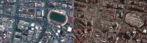 (COMBO) This combination of pictures created on February 08, 2023 shows (L) a handout satellite image courtesy of Maxar Technologies showing buildings and a stadium in Kahramanmaras, Turkey on July 26, 2022, before an 7.8 magnitude earthquake which struck the region on February 6, 2023, and (R) a handout satellite image courtesy of Maxar Technologies shows destroyed buildings and emergency shelters in a stadium in Kahramanmaras, Turkey on February 8, 2023, after an 7.8 magnitude earthquake which struck the region on February 6, 2023. - The death toll from a massive earthquake that struck Turkey and Syria climbed above 12,000 on February 8, 2023, as rescuers raced to save survivors trapped under debris in freezing weather. Officials and medics said 9,057 people had died in Turkey and 2,992 in Syria from Monday's 7.8-magnitude tremor, bringing the total to 12,049. (Photo by Satellite image ©2023 Maxar Technologies / AFP) / RESTRICTED TO EDITORIAL USE - MANDATORY CREDIT "AFP PHOTO / Satellite image ©2023 Maxar Technologies" - NO MARKETING NO ADVERTISING CAMPAIGNS - DISTRIBUTED AS A SERVICE TO CLIENTS