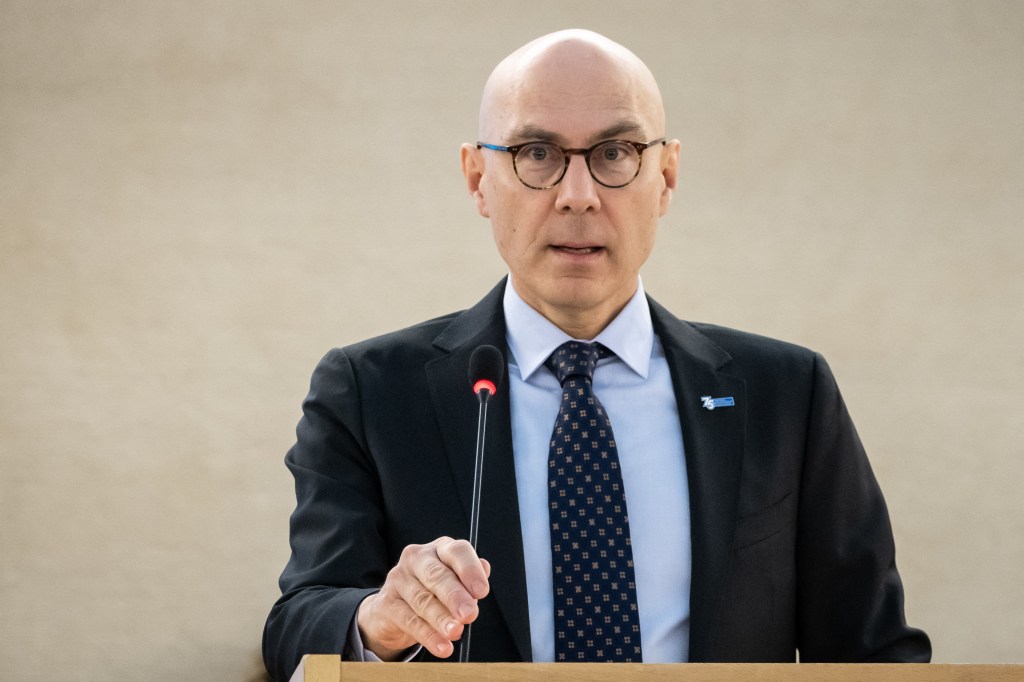 2UN High Commissioner for Human Rights Volker Turk delivers a speech during the 52nd UN Human Rights Council session, in Geneva, on February 27, 2023. (Photo by Fabrice COFFRINI / AFP)