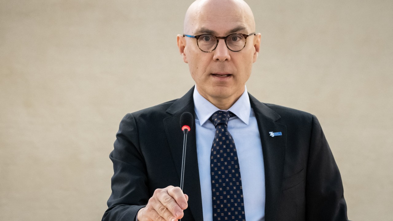2UN High Commissioner for Human Rights Volker Turk delivers a speech during the 52nd UN Human Rights Council session, in Geneva, on February 27, 2023. (Photo by Fabrice COFFRINI / AFP)