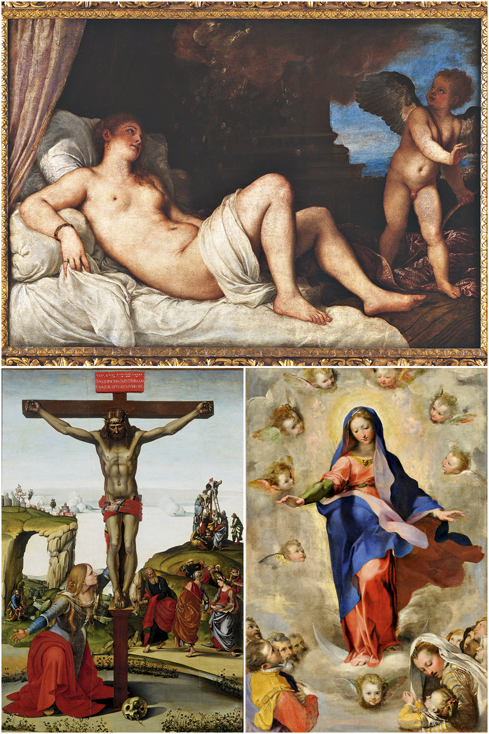 TIRADAS DO FOGO CRUZADO - Obras resgatadas durante a guerra: no alto, Danae (1544-1545), de Tiziano; acima, à esquerda, Imaculada Conceição (1575), de Federico Barocci; à dir., Crucifixo e Santa Maria Madalena (1500-1505), de Luca Signorelli -