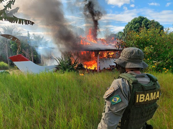 Agente do Ibama observa aeronave incendiada em área ianomâmi