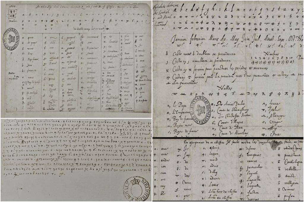 MARY-STUART—CARTA-reproducao-003.jpg PARA NÃO DEIXAR PISTAS - Mary Stuart aprendeu com a mãe, Marie de Guise, a arte de criptografar suas cartas. Na imagem ao lado, embaixo, à esq., um exemplo de uma das missivas escritas pela rainha dos escoceses. No alto, à esq., as chaves de leitura para a correspondência com James Beaton, arcebispo de Glasgow e embaixador na França. À dir., o código usado nas trocas com o Barão de Châteauneuf. -