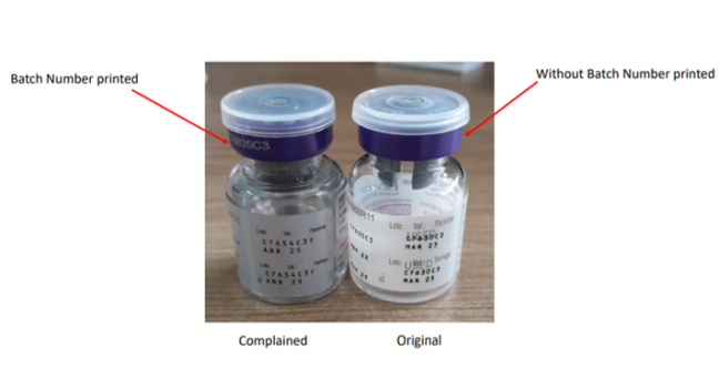 Na embalagem original não há impressão do número do lote na tampa do frasco-ampola