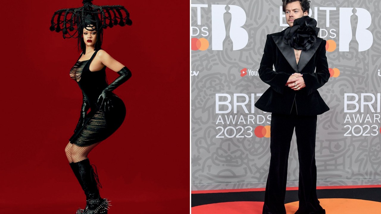 SEGUIDORES - À esq., Rihanna com a bota ultraplataforma do estilista; acima, Harry Styles e seu terno-vestido no Brit Awards: roupas para chamar atenção -