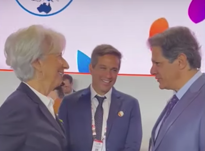 Christine Lagarde (chefe do Banco Central Europeu), Campos Neto (presidente do Banco Central do Brasil) e Fernando Haddad (ministro da Fazenda), durante a reunião do G20
