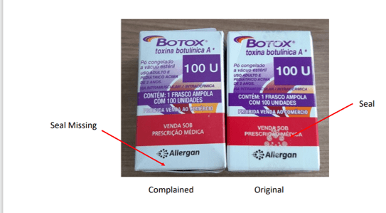O medicamento original possui um selo na embalagem secundária, que não está presente no produto falsificado