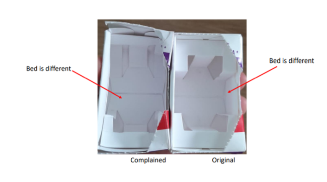 A parte interna da embalagem secundária do produto falsificado apresenta diferenças em relação ao original